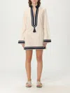 Tory Burch Cotton Short Dress With Contrasting Profiles In Neutral