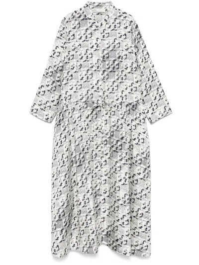TORY BURCH TORY BURCH SILK MIDI DRESS IN WHITE WITH BLACK PRINT