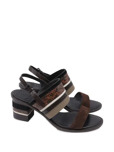 Pre-owned Tory Burch Edina Suede-panel Leather Sandals In Brown