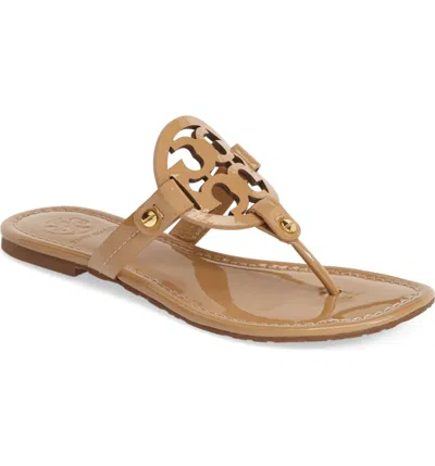 Pre-owned Tory Burch Miller Leather Thong Sandals Sand Us 8.5 Tan Patent Leather Auth In Brown