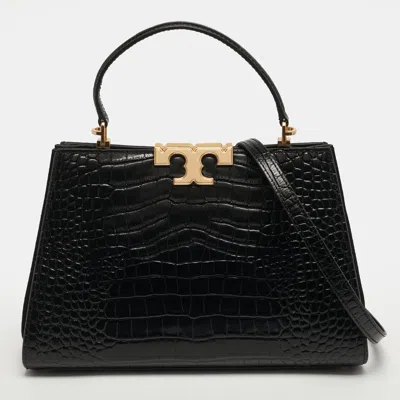 Pre-owned Tory Burch Eleanor Black Croc Embossed Leather Top Handle Bag