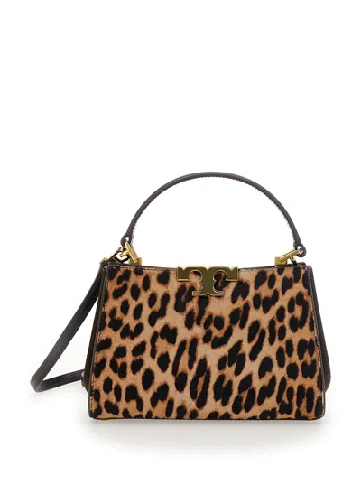 TORY BURCH 'ELEANOR' BROWN HANDBAG WITH REMOVABLE SHOULDER STRAP AND ALL-OVER LEOPARD MOTIF IN LEATHER SUEDE WO