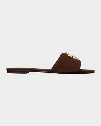 Tory Burch Eleanor Double T Logo Suede Flat Sandals In Burgundy