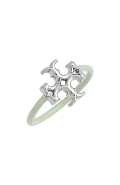 Tory Burch Eleanor Double-t Ring In Tory Silver / Mint Green