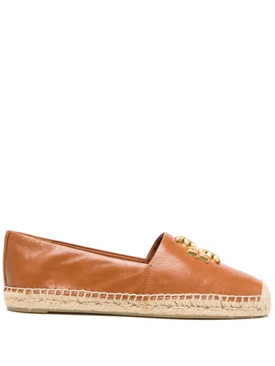 Tory Burch Eleanor Double T-plaque Leather Espadrilles In Brown