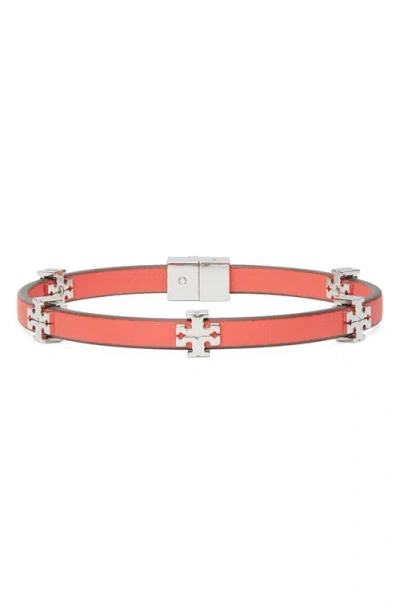 Tory Burch Eleanor Faux Leather Bracelet In Light Silver / Pembe