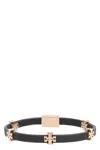 Tory Burch Eleanor Logo Charm Faux Leather Bracelet In Black