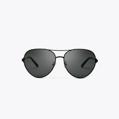 Tory Burch Eleanor Metal Pilot Sunglasses In Black/solid Grey