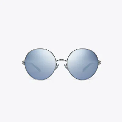 Tory Burch Eleanor Metal Round Sunglasses In Shiny Silver/dark Blue Mirror