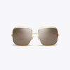 Tory Burch Eleanor Oversized Metal Square Sunglasses In Shiny Gold/light Purple Brown Mirror