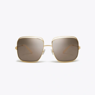Tory Burch Eleanor Oversized Metal Square Sunglasses In Shiny Gold/light Purple Brown Mirror