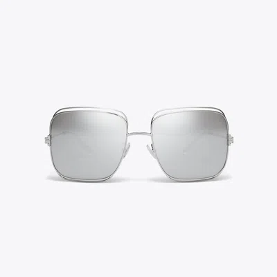 Tory Burch Eleanor Oversized Metal Square Sunglasses In Silver/light Grey Mirror