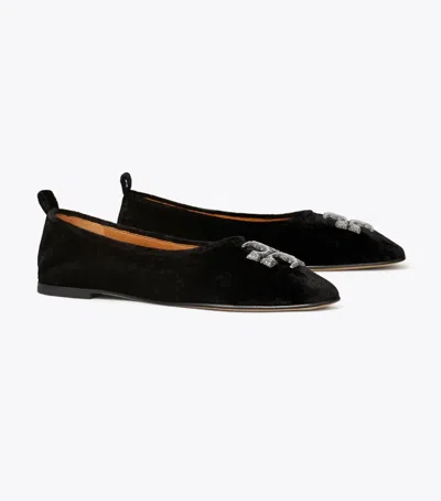 Pre-owned Tory Burch Eleanor Pave Crystal Logo Velvet Ballet Flat Black 7 7.5 8 8.5 9
