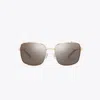 Tory Burch Eleanor Rectangle Sunglasses In Shiny Rose Gold/light Purple Brown Mrror