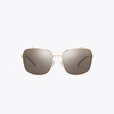 Tory Burch Eleanor Rectangle Sunglasses In Shiny Rose Gold/light Purple Brown Mrror