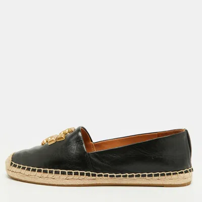 Pre-owned Tory Burch Eleanor Size 36.5 Black Leather Espadrille Flats