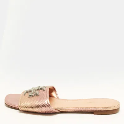 Pre-owned Tory Burch Eleanor Size 37 Metallic Snakeskin Embossed Leather Flat Slide Sandals