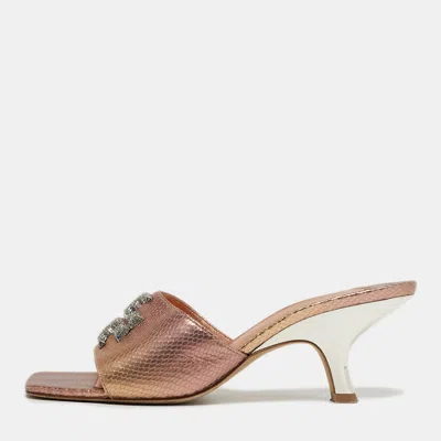 Pre-owned Tory Burch Eleanor Size 37 Metallic Snakeskin Embossed Leather Mules In Silver