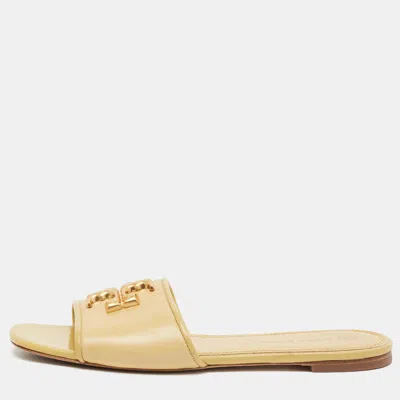 Pre-owned Tory Burch Eleanor Size 37.5 Yellow Leather Flat Slide