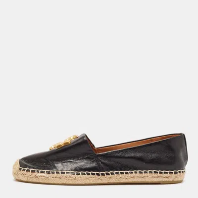 Pre-owned Tory Burch Eleanor Size 38 Black Leather Espadrille Flats