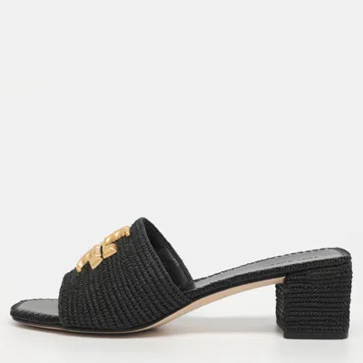 Pre-owned Tory Burch Eleanor Size 39 Black Raffia Slide Sandals