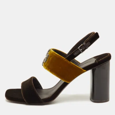 Pre-owned Tory Burch Eleanor Size 39 Brown Velvet Logo Detail Block Heel Sandals