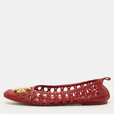 Pre-owned Tory Burch Eleanor Size 40.5 Red Woven Leather Ballet Flats