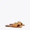 Tory Burch Eleanor Slide Logo-plaque Sandals In Caramel Corn