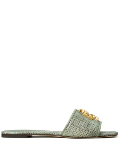 Tory Burch Eleanor Double T Slides In Green