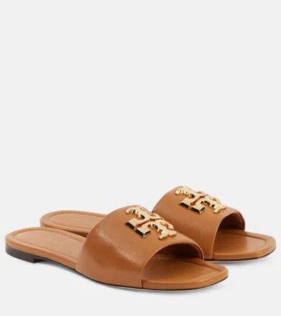Tory Burch Eleanor T Monogram Leather Slides In Caramel Corn