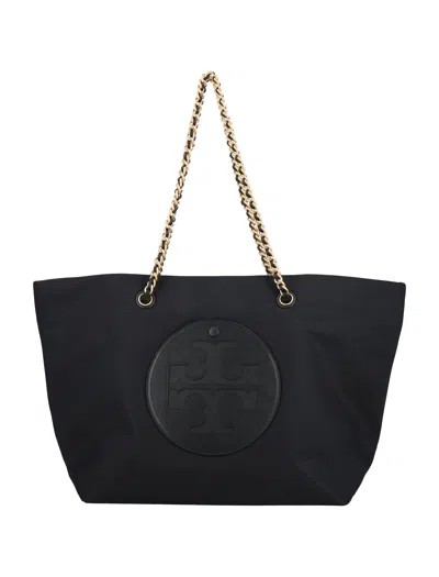 Tory Burch Ella Chain Logo Patch Tote Bag In Black