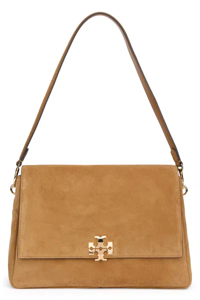 Tory Burch Elegant Suede Shoulder Handbag With Metallic Front Detail In Camel