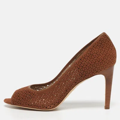 Pre-owned Tory Burch Elinor 90mm Size 40 Brown Laser Cut Suede Peep Toe Pumps
