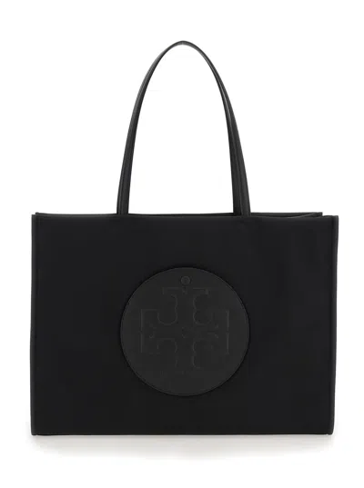 Tory Burch Ella Black Large Tote Bag With Tonal Logo Detail In Tech Fabric Woman