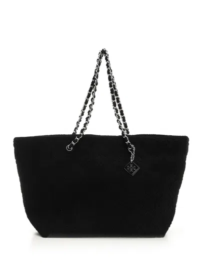 Tory Burch Terry Cotton Tote Bag With Chain Strap In Black