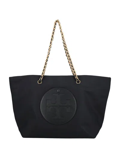 Tory Burch Ella Chain Logo Patch Tote Bag In Black