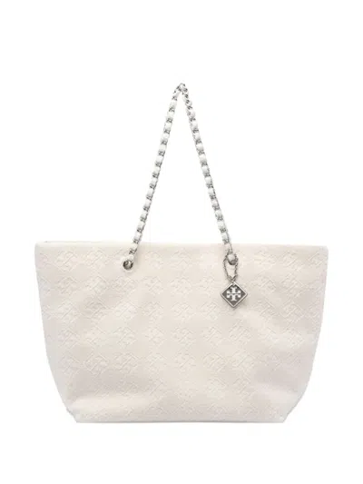 Tory Burch Ella Chain-trimmed Textured Tote Bag In White