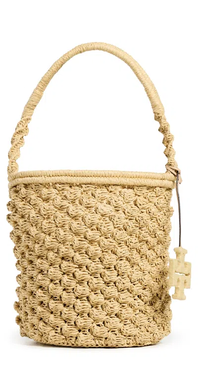 Tory Burch Ella Hand Crochet Popcorn Stitch Bucket Bag Natural In Nude