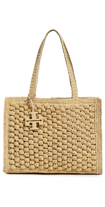Tory Burch Ella Hand Crochet Popcorn Stitch Small Tote Bag Natural In Brown