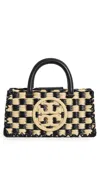 Tory Burch Ella Checkered Crochet Top-handle Bag In Black/natural
