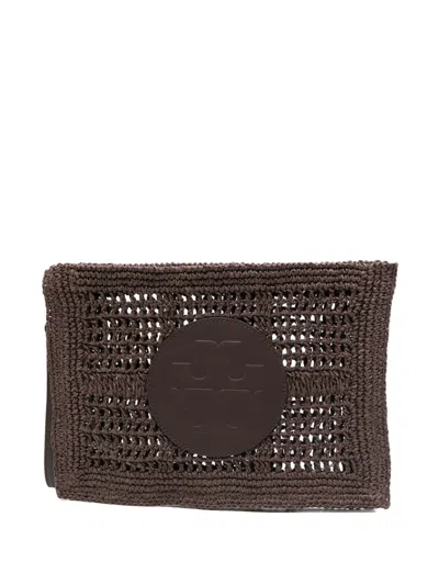 Tory Burch Ella Hand-crocheted Logo-detail Clutch Bag In Brown