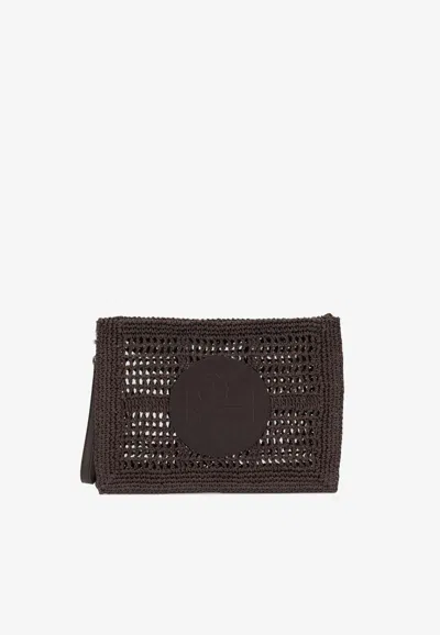 Tory Burch Ella Hand-crocheted Zip Pouch In Brown