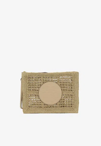 Tory Burch Ella Hand-crocheted Zip Pouch In Sand