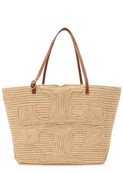 Tory Burch Ella Large Logo-embroidered Raffia Tote Bag In Neutral