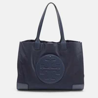 Pre-owned Tory Burch Ella Large Navy Blue Leather And Nylon Shopper Tote
