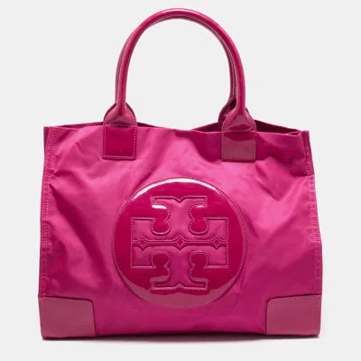 Pre-owned Tory Burch Ella Large Pink Nylon And Patent Leather Tote
