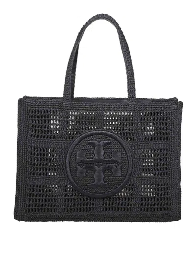 TORY BURCH ELLA LARGE TOTE IN BLACK RAFFIA
