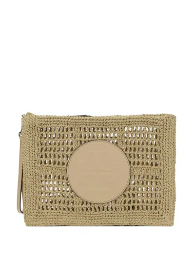 Tory Burch Womens Natural Ella Crocheted Raffia Pouch Bag In Beige