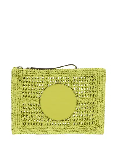 Tory Burch Ella Logo-patch Woven Clutch Bag In Green