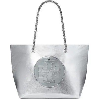 Tory Burch Ella Metallic Faux Leather Tote In Silver